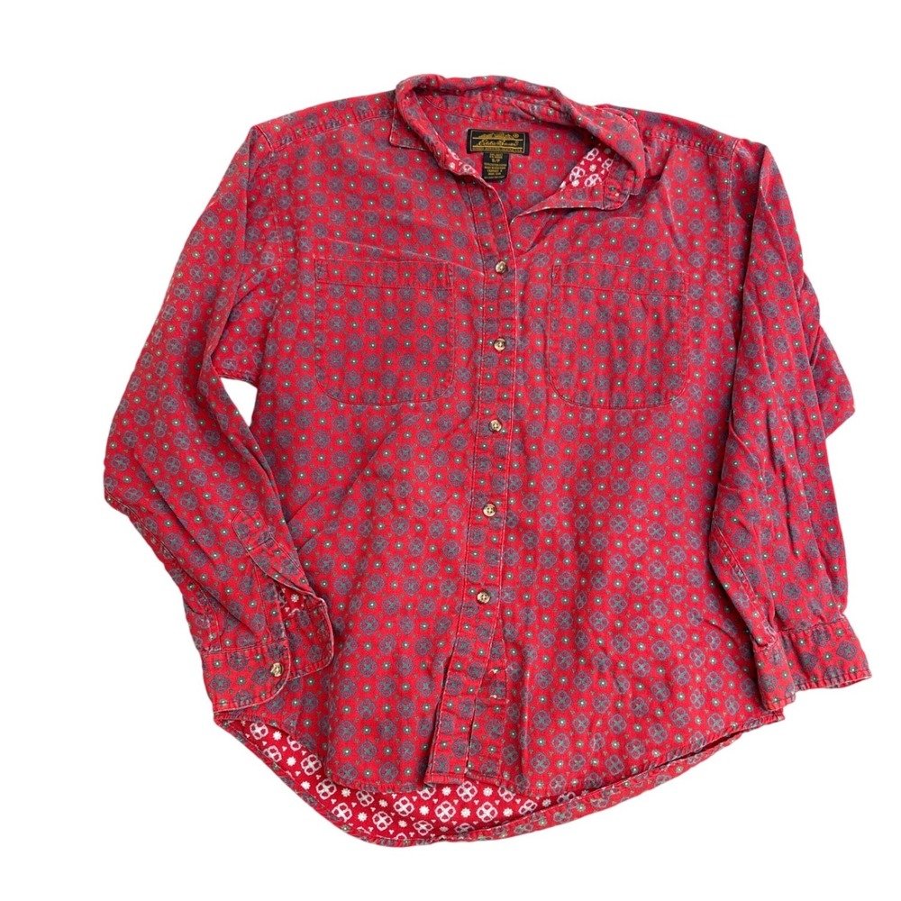 Eddie Bauer Womens Red Geometric Medallion Cotton Button Down Shirt Small
